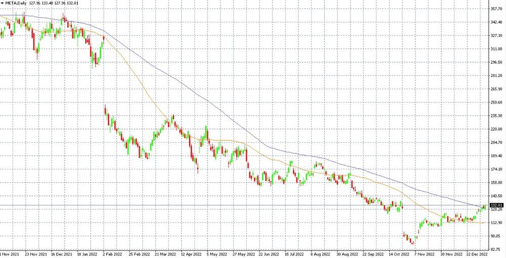 Meta shares in the MT4 platform on the D1 timeframe along with the 50 and 100 day moving averages