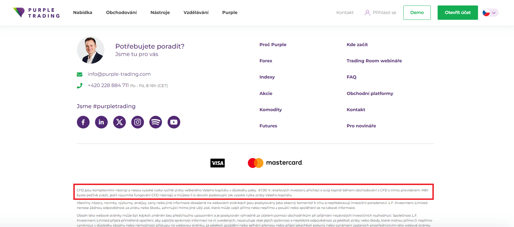 Disclaimer udávající ztrátovost klientských účtů brokera umístěný v patičce webu (zdroj: Purple Trading)