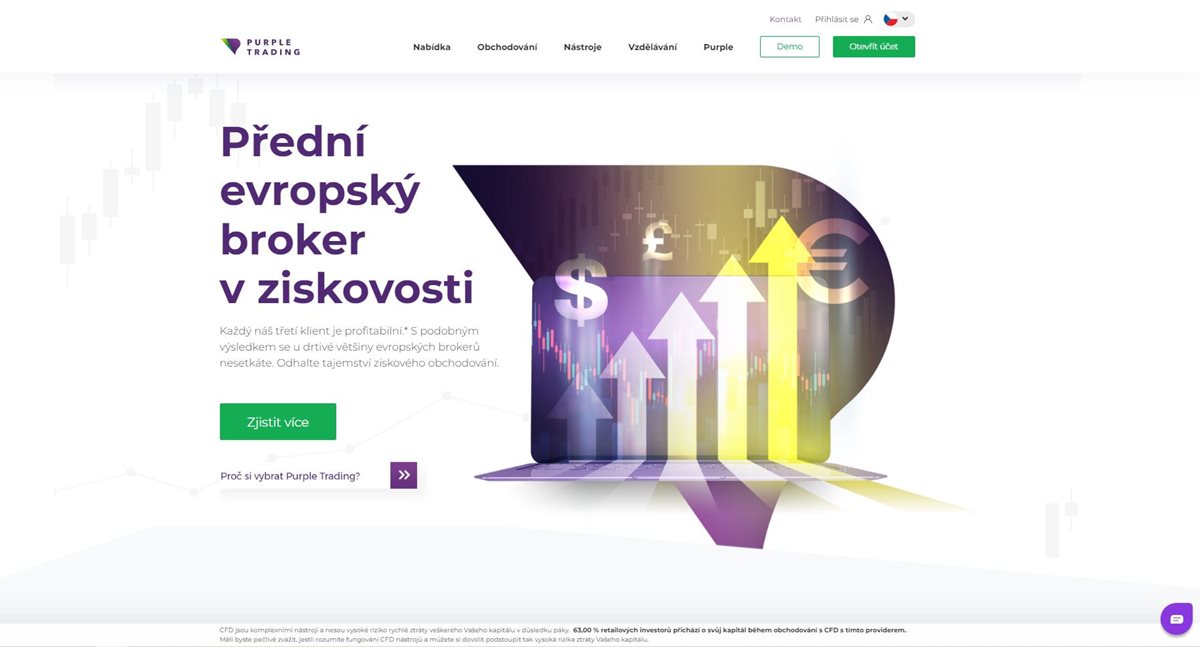 Obrázek: Ukázka reklamního banneru Purple Trading (disclaimer umístěn pod tlačítkem)