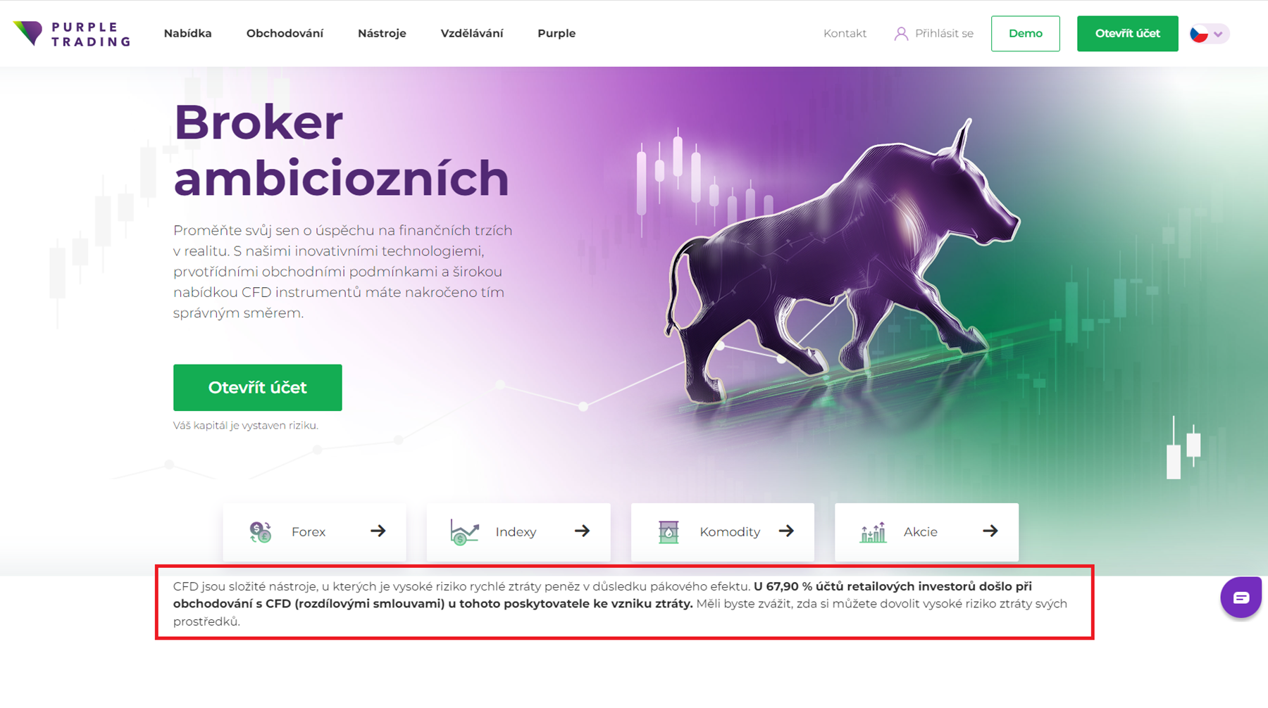 Disclaimer někteří brokeři umisťují také do tzv. pop-up oken na svýc webových stránkách (zdroj: Purple Trading)