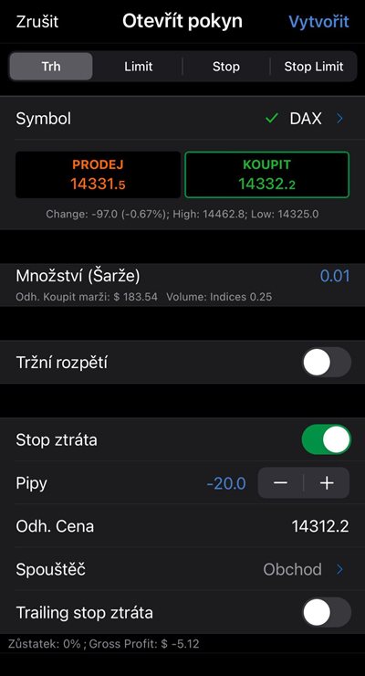 Pokročilé zadávání obchodní pozice v platformě cTrader mobile